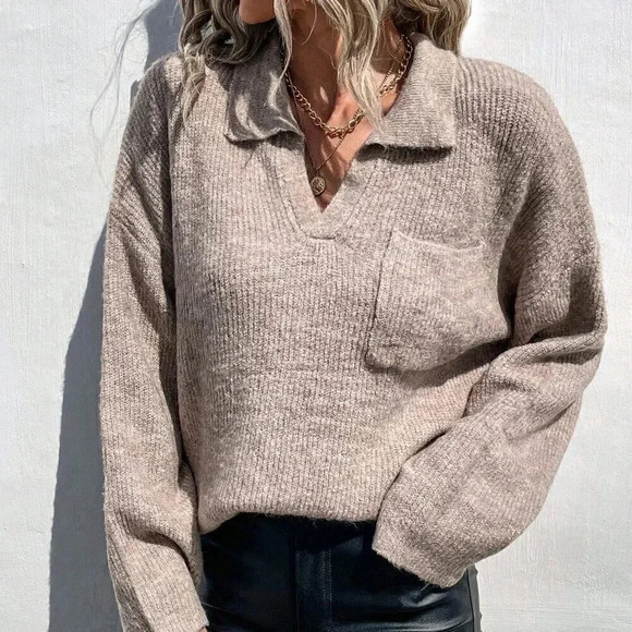 Khaki Casual Women's Pocket Front Drop Shoulder Sweater - Picture 6 of 6